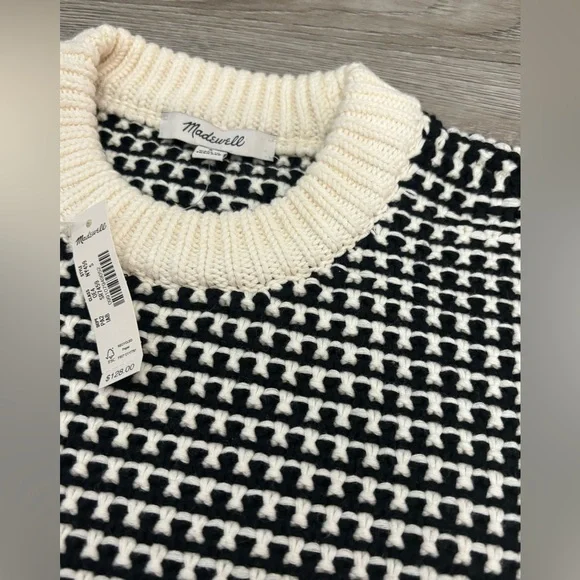 Madewell Textured-Stitch Crewneck Sweater 100% Cotton in Ivory And Black Stripe - Picture 7 of 13